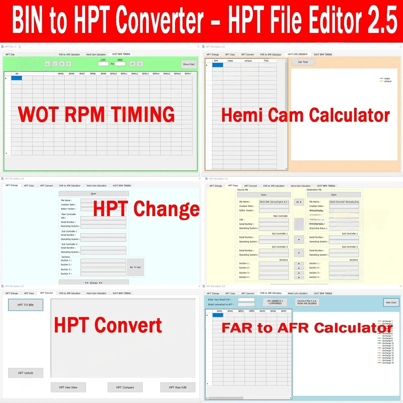 BIN to HPT Converter Unlock HPT File Editor 2.5 HPT change COPY Convert FAR to AFR Calculator Hemi Cam Calculator WOT RPM TIMING