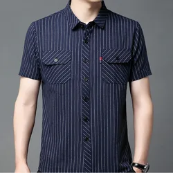 Summer Short Sleeve Men's Clothes Cotton Shirt Slim Fit Striped Pocket Button Casual Workwear Fashion Loose Vintage Tops