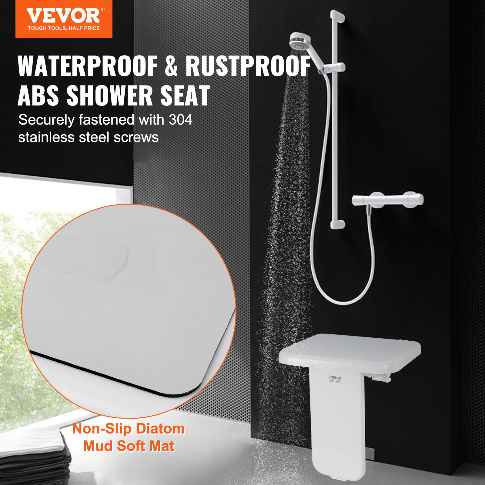 VEVOR Folding ABS Shower Seat 15.7\'\' x 16.7\'\' Unfolded Wall Mounted Fold Up Shower Bench with 440 lbs Load Capacity Shower Chair