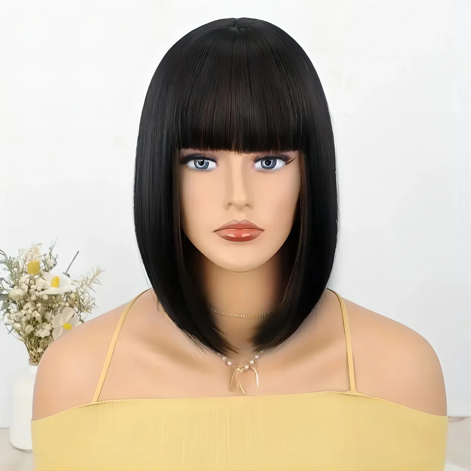 

Short Black Bob Wig with Bangs for Women 12 '' Natural Synthetic Cute Colored Daily Party Fashion