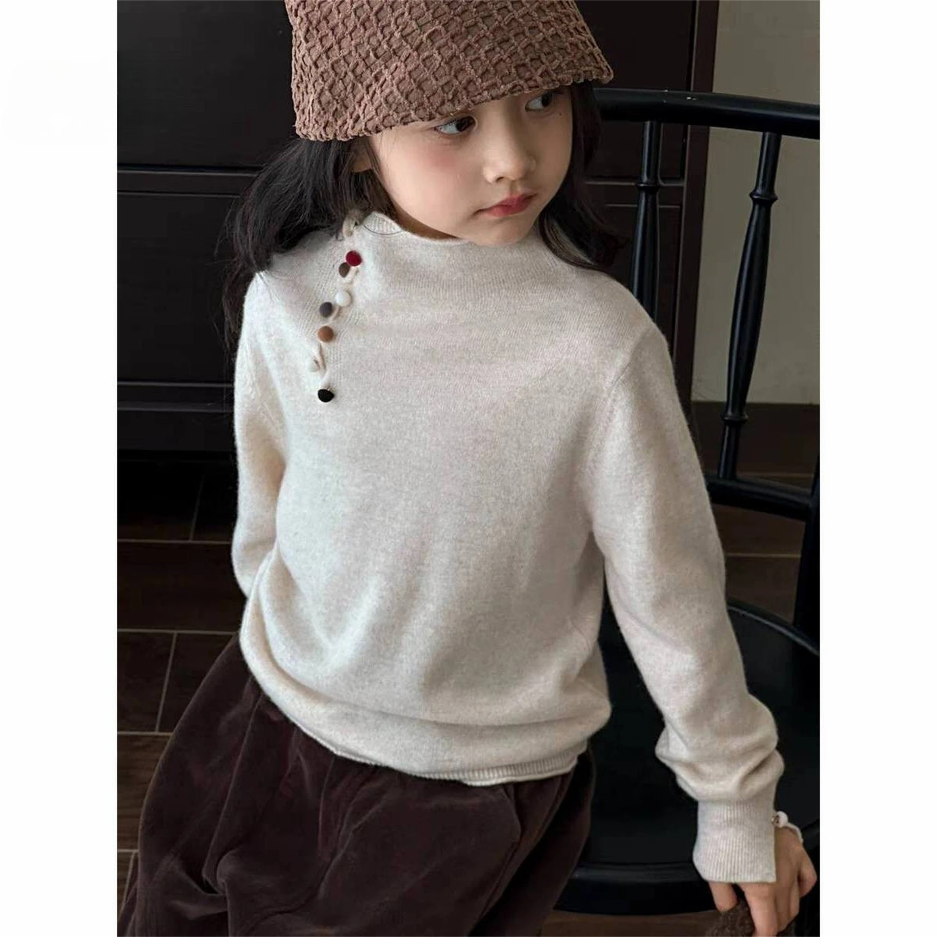 

Girls turtleneck sweater knitted autumn winter new Korean children's colored buttons clothes casual top