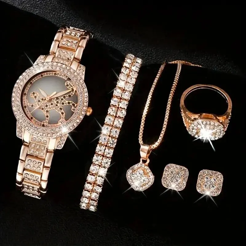 Women Quartz Watch Fashion Bling Casual Ladies Watch Female Watches Crystal Diamond Leopard For Women Clock Jewelry Set