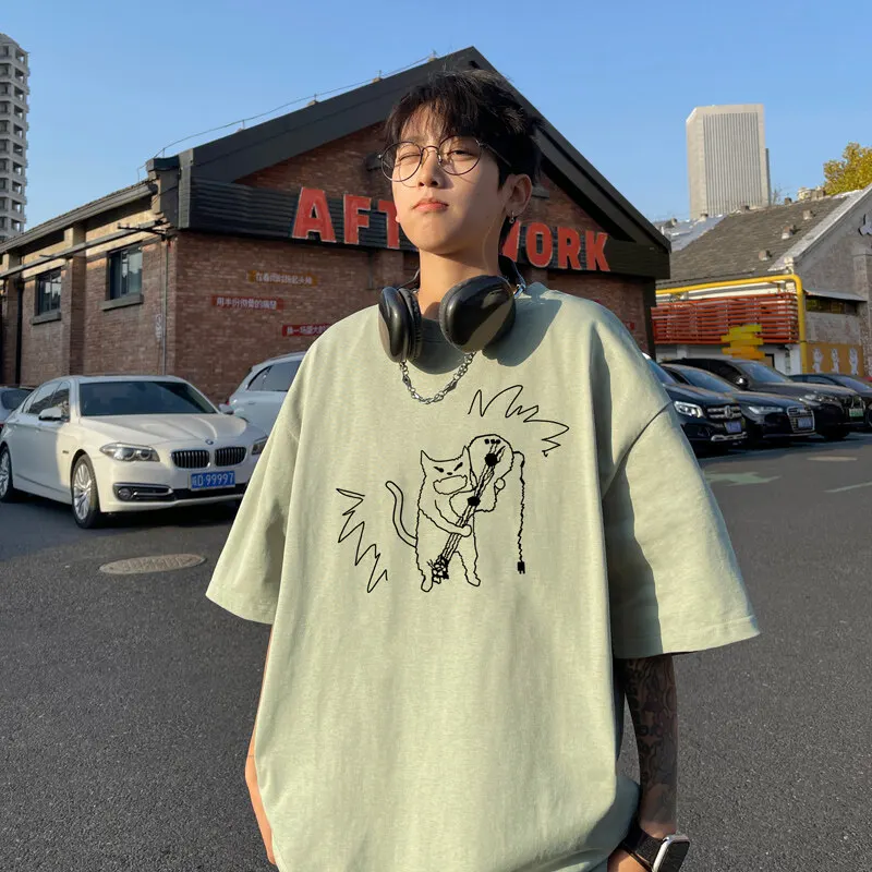 Kaus pria ukuran besar Fashion kaus katun putih untuk pria pakaian musim panas kasual kaus cetak Anime 5XL lucu pakaian pria