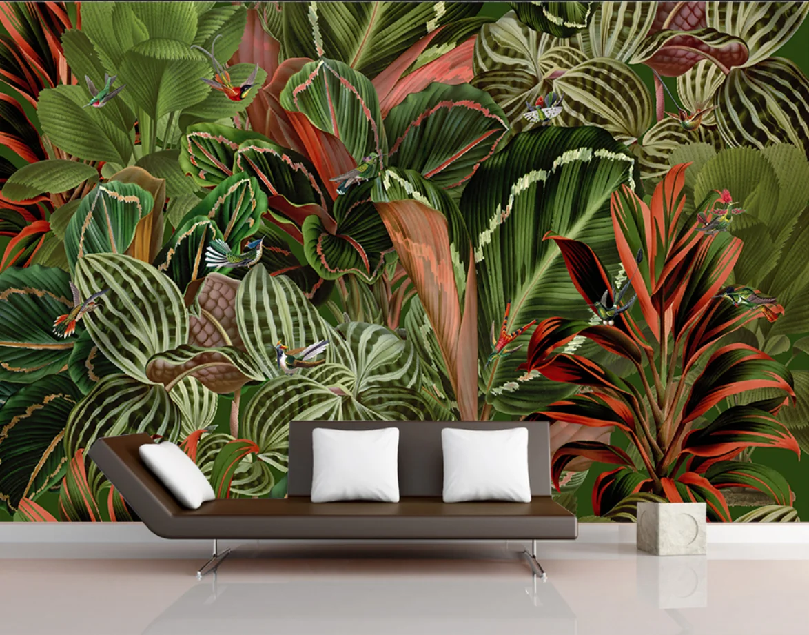 

Custom wallpaper European style retro tropical plant banana leaf hummingbird mural Bedroom living room background wall wallpaper