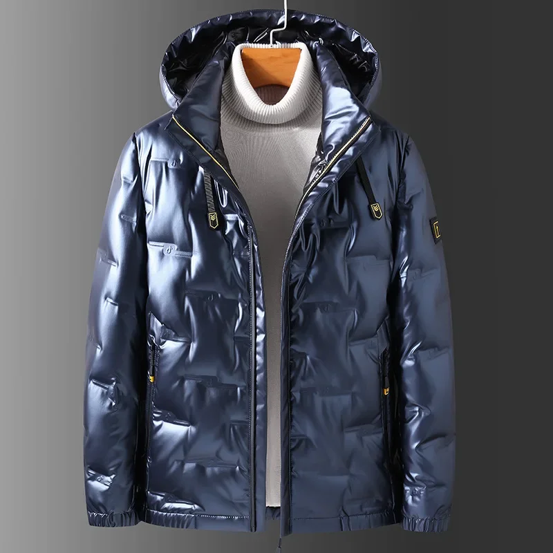 Chaqueta de plumón brillante para hombre, abrigo corto con capucha, impermeable, grueso, cálido, tendencia de moda, nuevo, Invierno