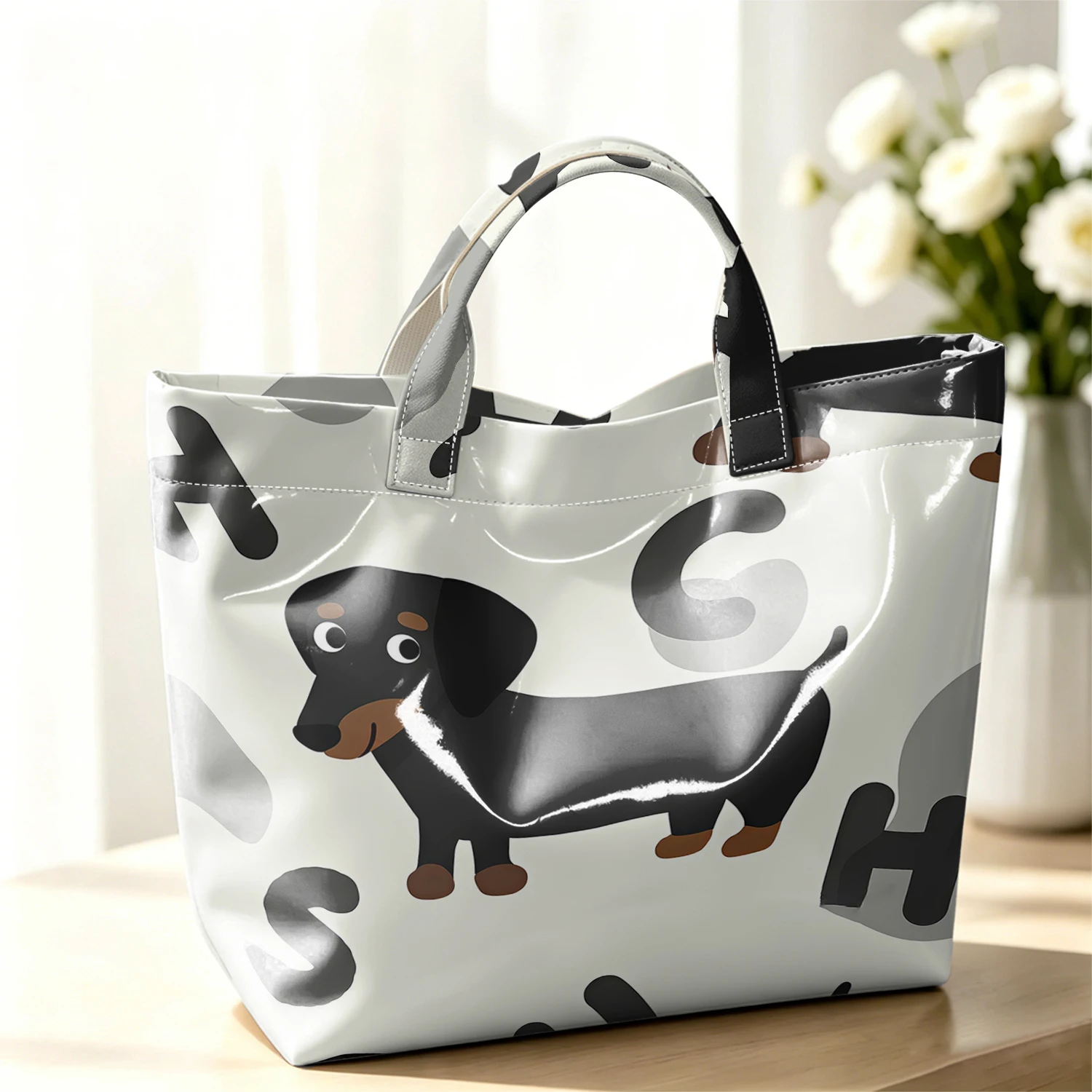 Dachshund Pups Cute Large Glossy PVC Tote Bag Hand Washable Lightweight Soft Great for Travel Commute Makeup Storage Handbags