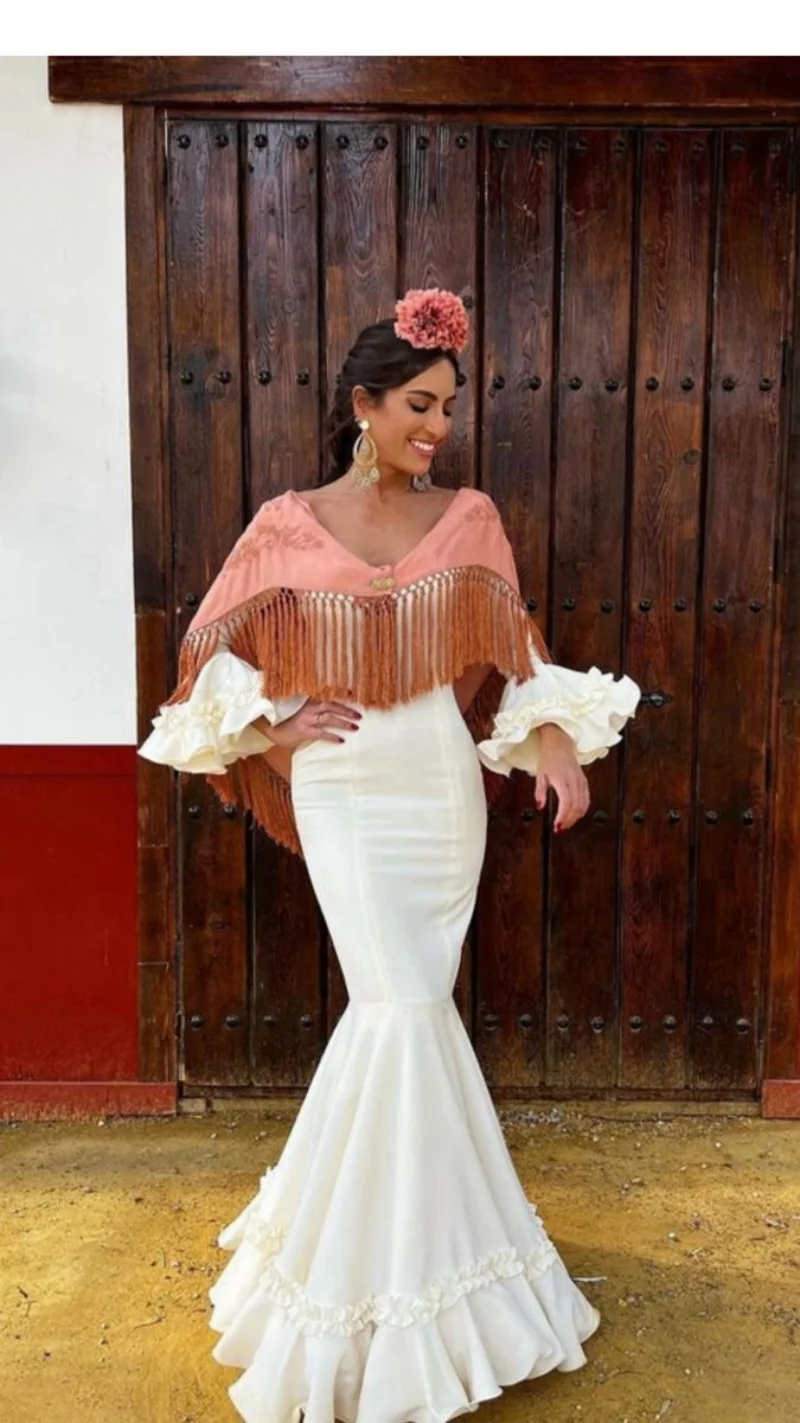 

White Mermaid Flamenco Dancing Prom Party Gowns Long Sleeves V neck Spanish Flamenco Evening Occasion Dresses Customized