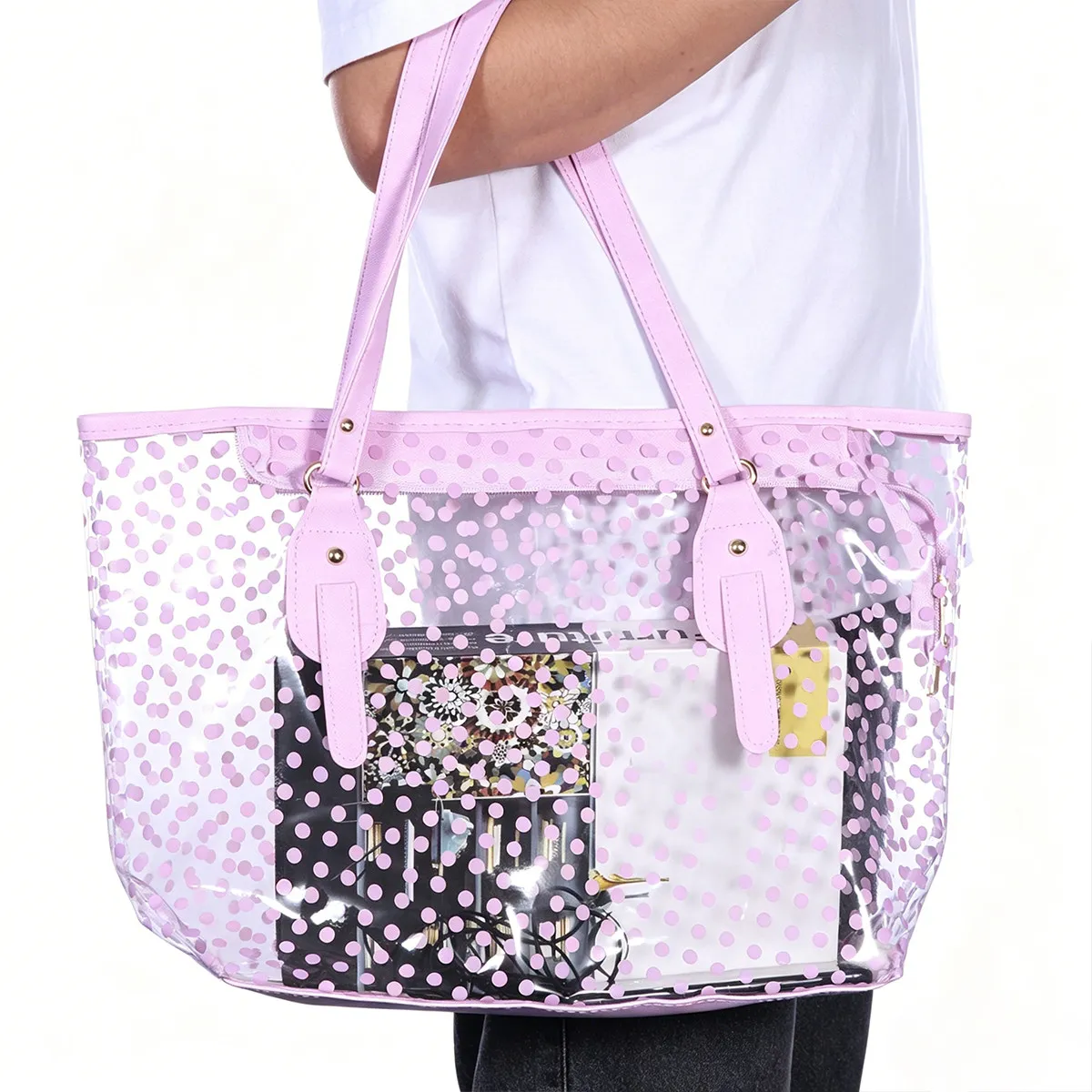 

1Pcs Women Handbag Blue PVC Waterproof Beach Bag Round Dots Pattern Fashion Waterproof Handbag for Women Girls