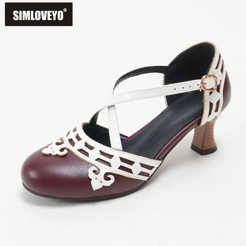 

SIMLOVEYO Brown Women Sandals Round Toe 6cm Block Heel Buckle Strap Mixed Color Plus Size 46 47 48 Leisure Daily Shoes Footwear