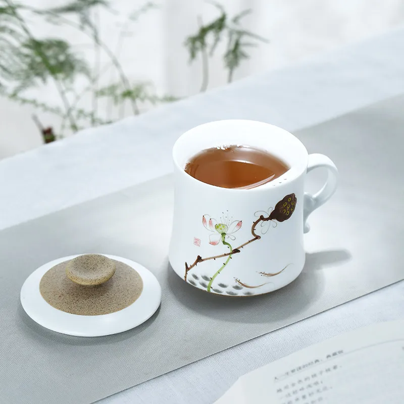 Chinese Hand-drawn Lotus Pattern Ceramic Teacup, Household Personal Office Creative With Cover Mug, Tea Steeping Cup, 320ml, 1Pc