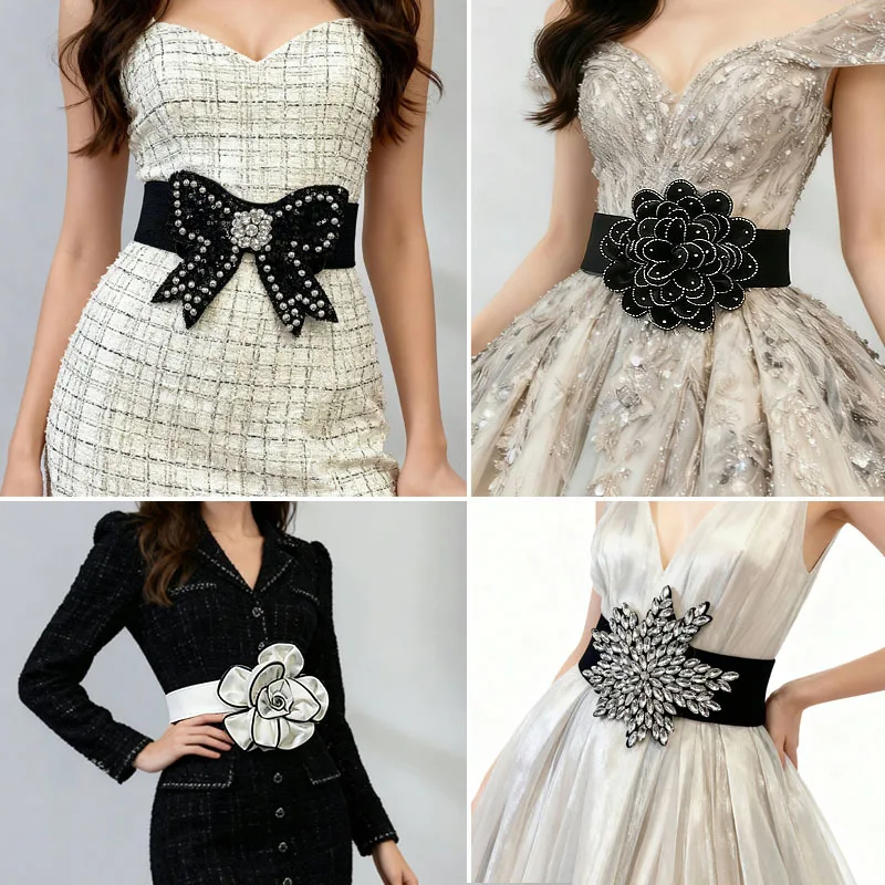 2026 Wholesale Elastic Flower Waistbands Women Bling Rhinestone Flower Dress Shirt Strechy Waist Belts Cinturones Para Mujer
