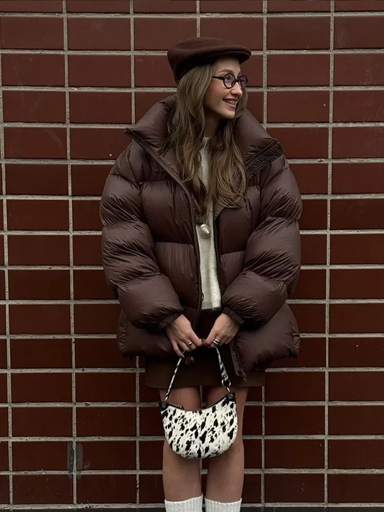 2024 novo inverno marrom quente casaco de algodão feminino moda gola zíper jaquetas de grandes dimensões feminino rua deslocamento outerwear