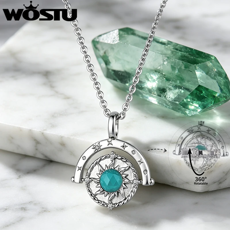WOSTU Rotatable Sun Moon Star Pendant Necklace For Women , Platinum Plated Natural Aquamarine Zircon Chain Necklace Boho Jewelry
