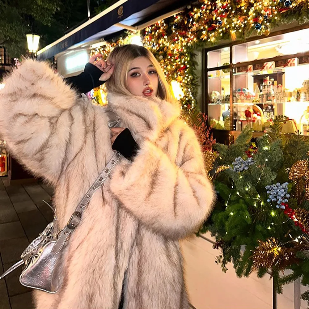 Woman's Winter Warm Fur Coat Trench Coat Faux Fox Fur Mid-length Lapel Coat Thick Windproof Coats Women Jacket Harajuku