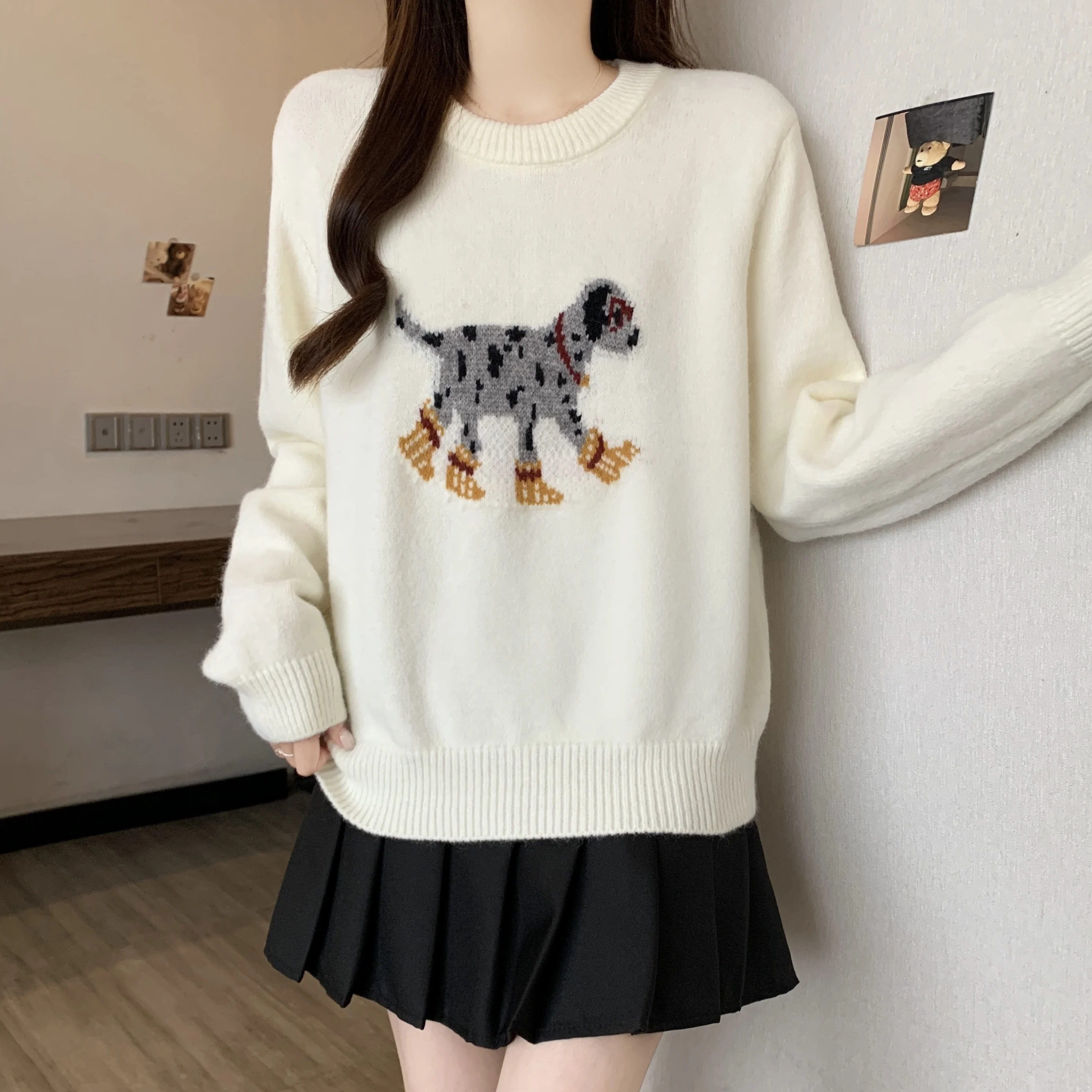 2026 جديد الكورية الكرتون الكلب س الرقبة محبوك سترة المرأة ربيع الخريف بسيط كم طويل فضفاض البلوز بلوزات غير رسمية متعددة الاستخدامات #3