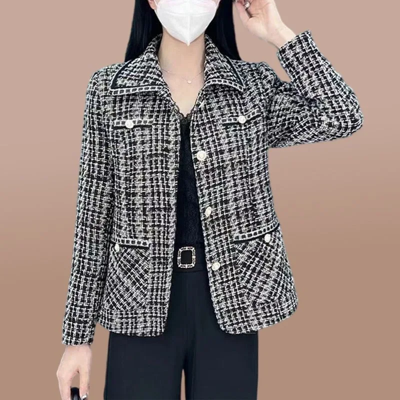 Women Print Plaid Jackets Buttons Turn Down Collar Long Sleeve Coat Elegant Spliced Slim Fit Jacket Casual Office Lady Autumn
