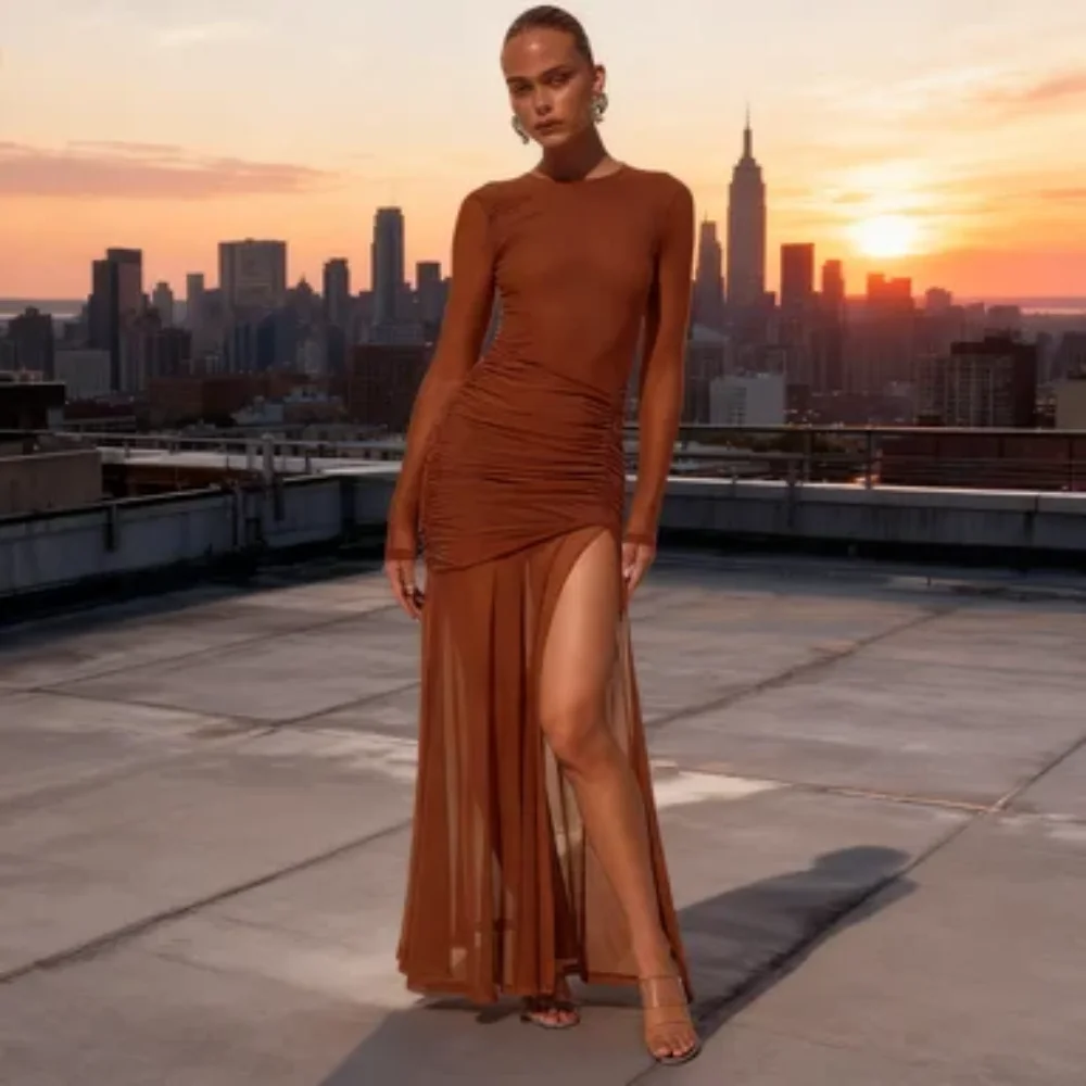 Lente Zomer Mode Sexy Splicing Geplooide Effen Kleur Slanke Maxi Rok Y2K Elegante Vakantie Strand Lange Mouwen Slit Longs Jurk