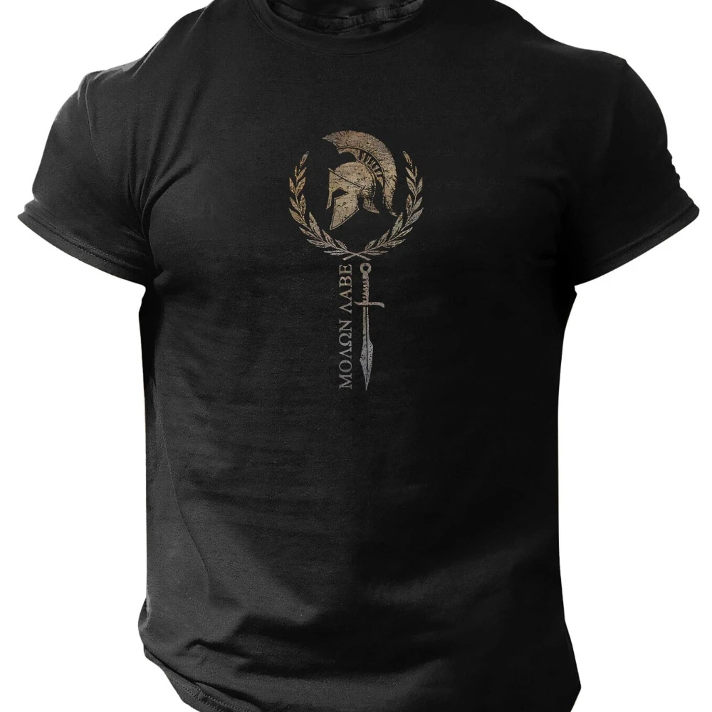 Camiseta masculina de manga curta com design espartano para primavera e verão, com um estilo casual e confortável.
