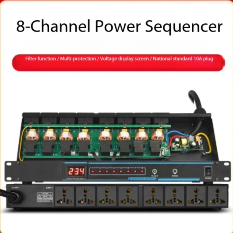 Professional Audio 8-Channel Power Sequencer with Filter, Smart Control, High Power for KTV Stage Home Rack