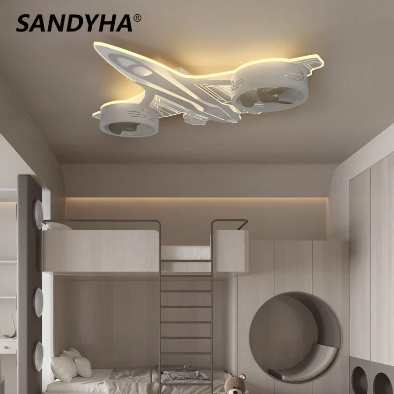 SANDYHA Creative Aircraft Ceiling Fan with LED Light Remote Control Kids Room Bedroom Home Decor Ventilador de Techo