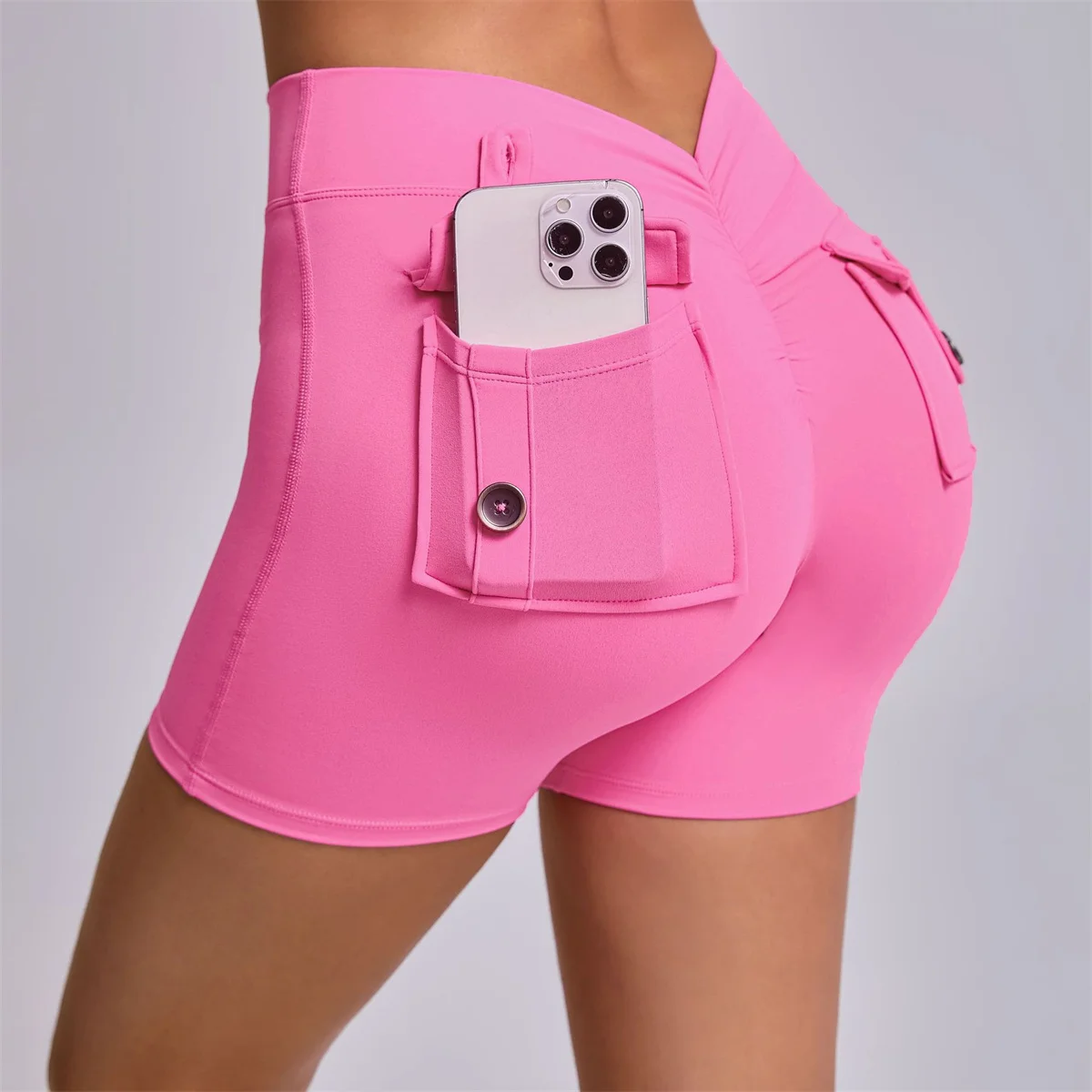 Deep V Back Yoga Shorts Women Pocket Scrunched Butt Gym Leggings High Waist Push Up Tights Booty Sports Shorts Fitness XP346