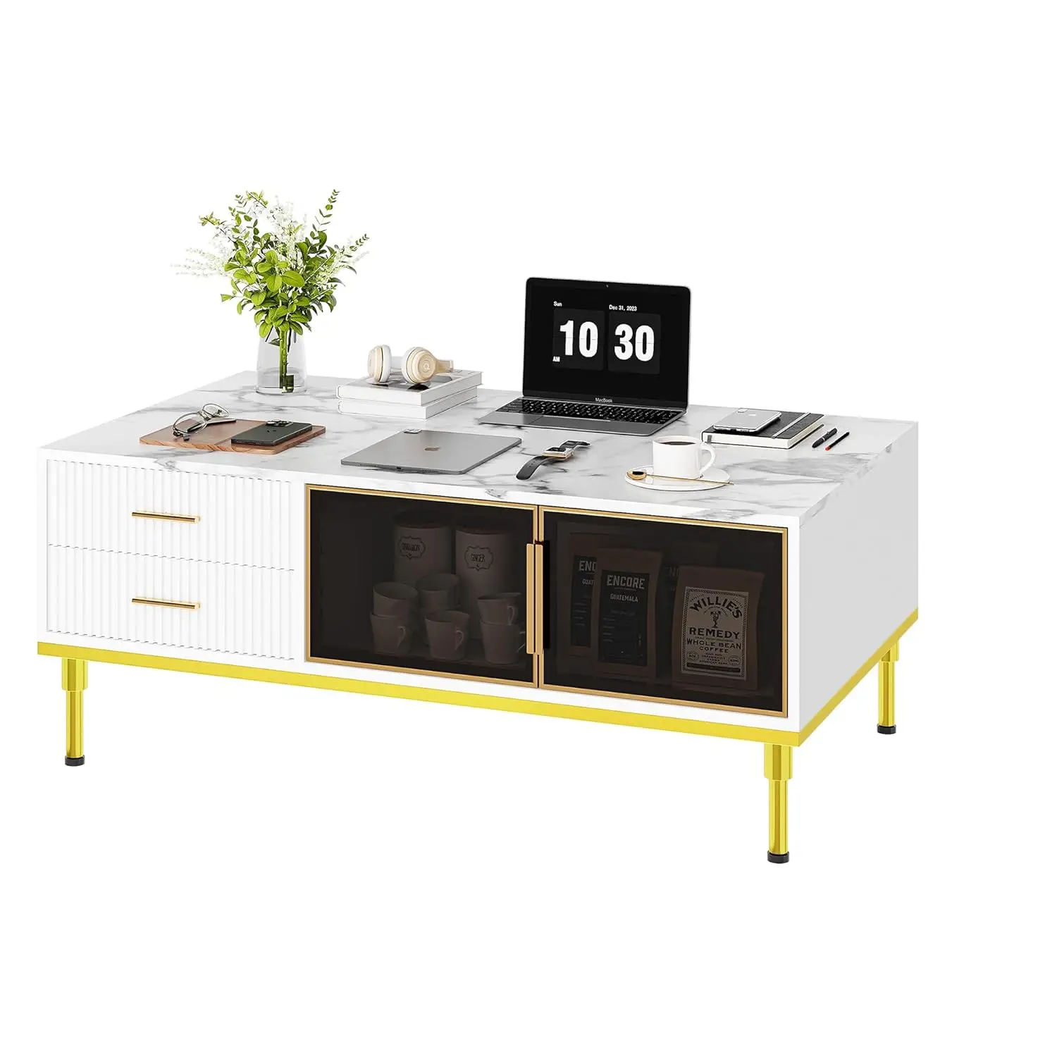

Modern White Coffee Table with Gold Metal Legs for Living Room - Large Center Table with 2 Glass Door Storage & 4, Customized