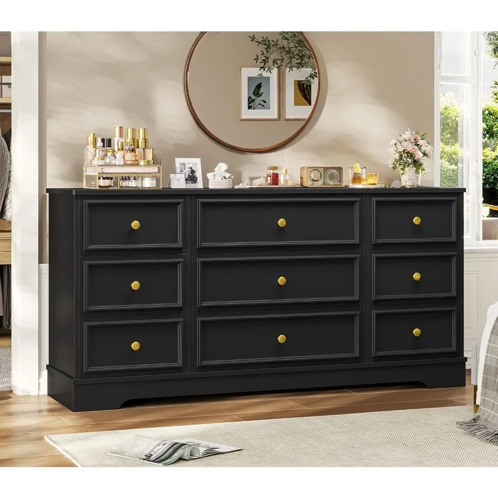 

Large Dresser with 9 Drawers for Bedroom, 61.4'' Long Modern Chest of Drawers, Black Wide Dressers Clothes Closet, Organizer