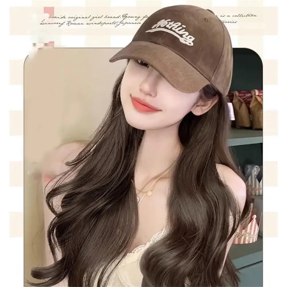 2024 Women Fashion Wigs 45cm One-piece Women Long Curly Hair Wig with Brown Baseball Cap