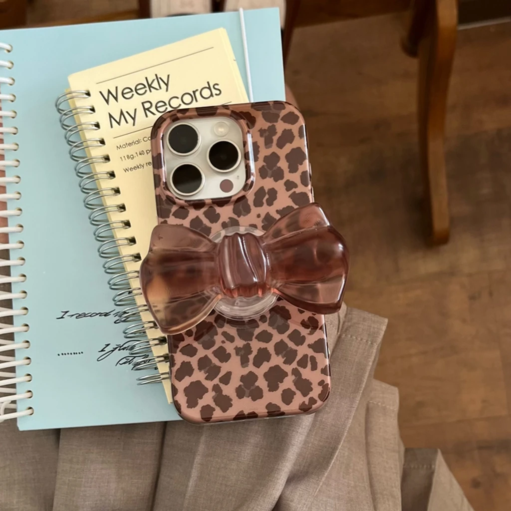 Advanced Brown Leopard Print Stereoscopic Bowknot With Holder Shock Proof Phone Cover Case for iPhone 17 16 15 14 Pro Max