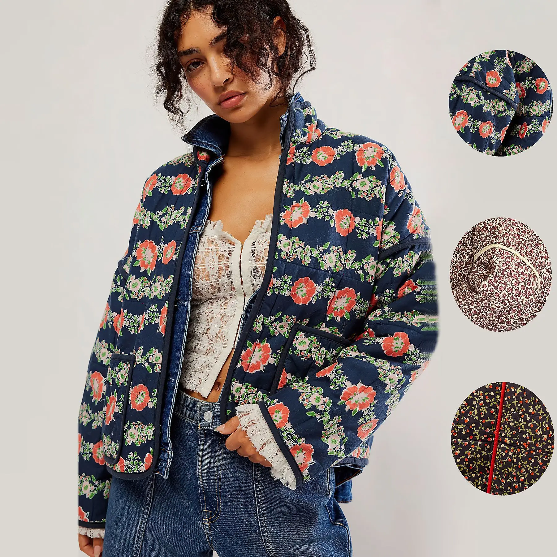 

2025 New Autumn Winter Women's Vintage Jacket Coat Streetwear Tops Floral Print Lightweight Quilted Fashion Long Sleeve Pockets