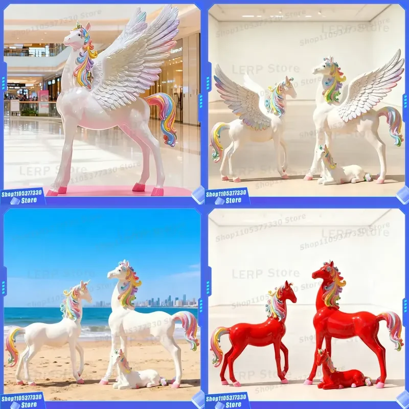 Rainbow Unicorn Fiberglass Statue Resin Horse Figure for Wedding Party Event Decor Carousel Prop Rental Display Ornament