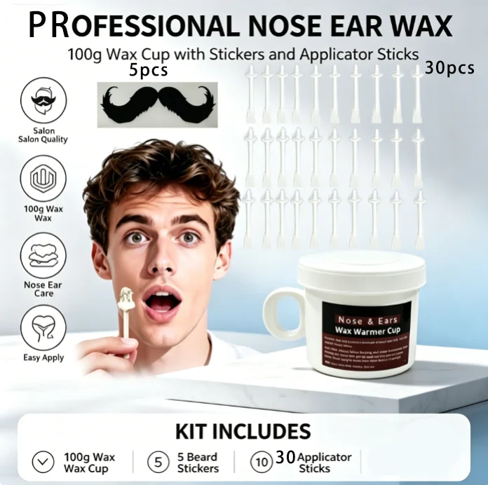 Complete Nose Ear Hair Removal Kit,100g Pre Wax Cup,30 Sticks & 5 Protective Patches,Mild DIY Wax for Home Use