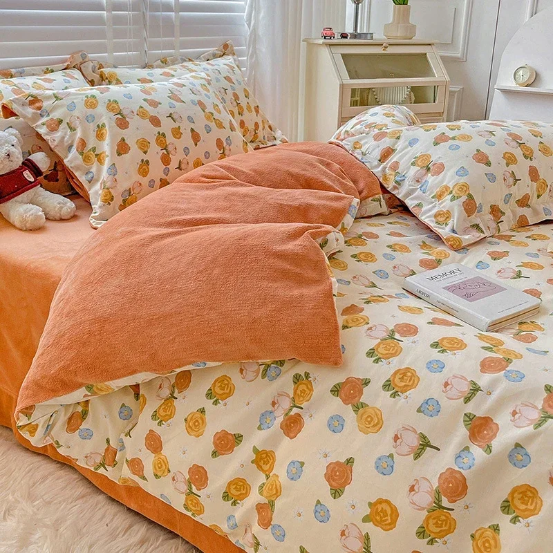 Floral AB Double-sided Plush Cotton Bedding Set for Winter Autum Skin-friendly Warm Duvet Cover Set Queen Comforter Bedding Sets