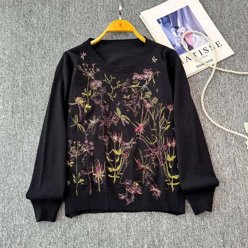 Embroidery Flower 2024 Autumn Winter Luxury Brand Design White Knit Long sleeves Sweater For Women Knitwear Pullover Clothes