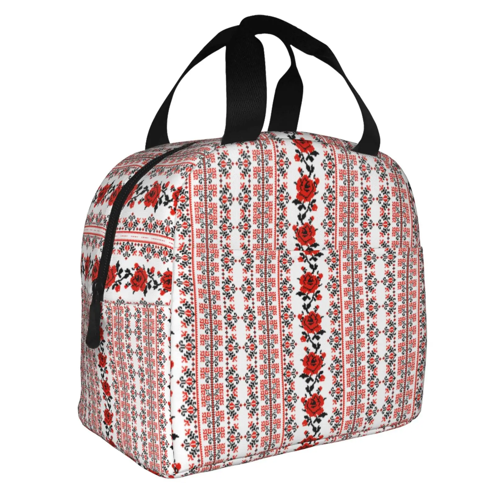 Scandinavia Vintage Boho Rose Pattern Lunch Tote Bag Insulated Leakproof Lunch Box Container with Front Pocket for Girls Boys