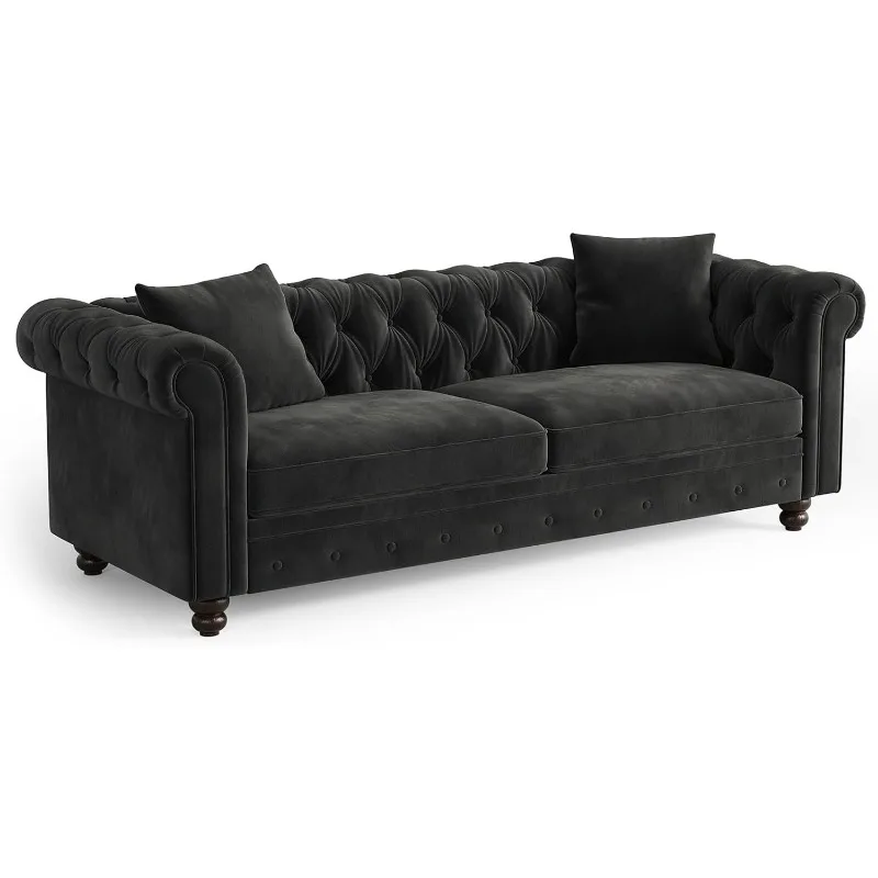 Chesterfield Sofa, 82 Inch Black Velvet Couch with Rolled Arms, Button Tufted Couch w/2 Throw Pillows, Comfy Pocket Springs