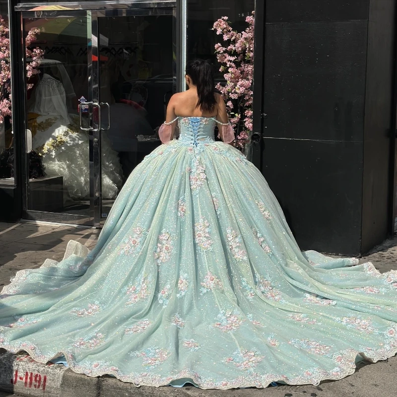 Sage Green Sequins Ball Gown Quinceanera Dress Tulle Appliques Flowers Off Shoulder Sweet 15 16 Birthday Party Formal