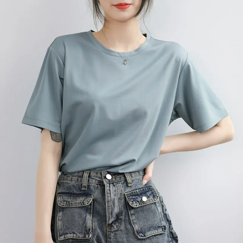 Summer Solid Cotton T-Shirts for Women Loose Casual Tops Gray Blue Short Sleeve Tees Simple Texture Half Sleeve Thin Summer Tops