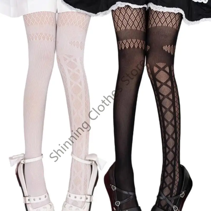 

M68A Women Gothic Stockings Hollowout Asymmetrical Argyle Fishnet Pantyhose Tights
