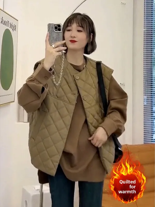 

Повседневный свободный хлопковый теплый легкий жилет-куртка большого размера для женщин, модный дизайн с художественными стразами, топ с подплечниками