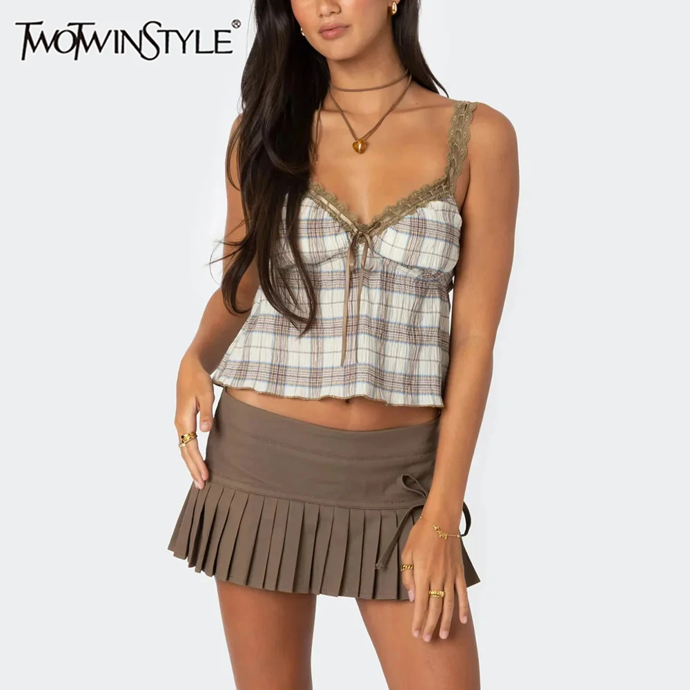 

TWOTWINSTYLE Hit Color Slimming Two Piece Set for Women V Neck Sleeveless Vest High Waist Temperament Mini Skirt Sets Female