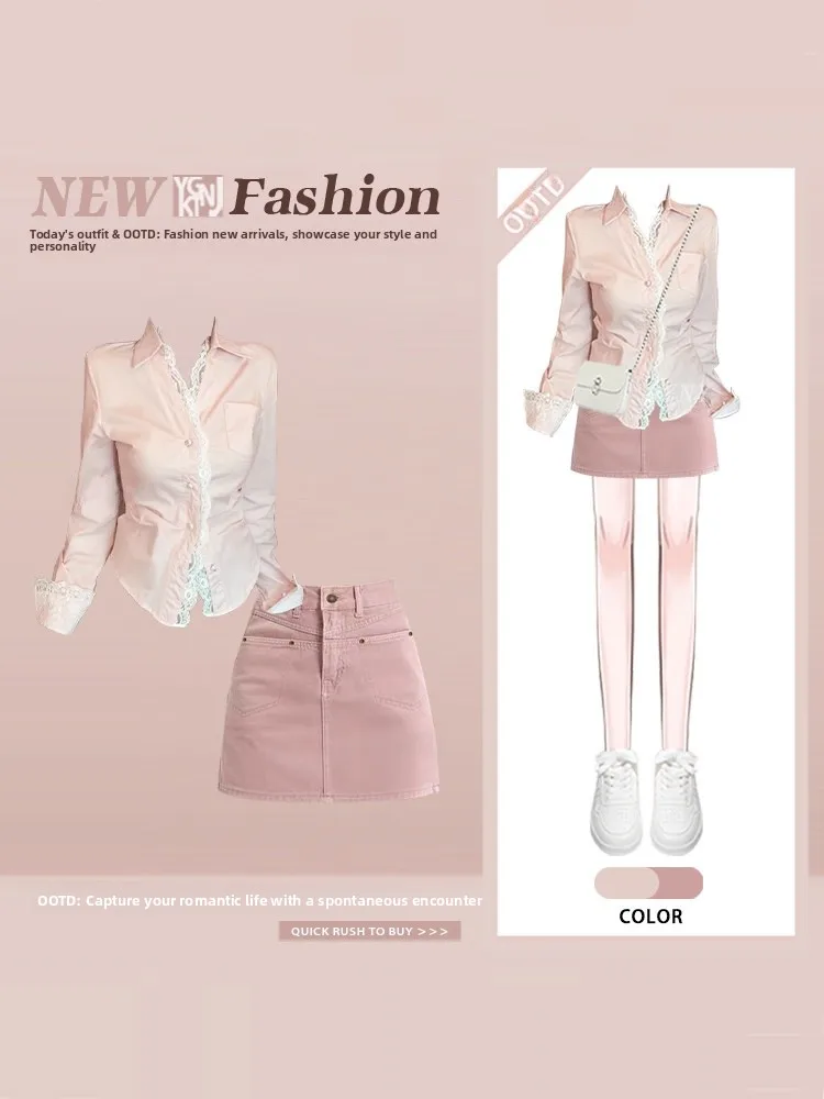 

Pink A-Line ort Skirt And irt Set Women's Faion Sweet Sle Spring Season Slimming Effect Pure Desire Trendy Outfit