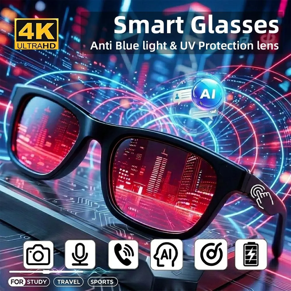 

AI Smart Glasses Remote Control Touch 4K HD Photo Camera Translator Recording Voice Assistant Music Bluetooth Sunglasses Shades