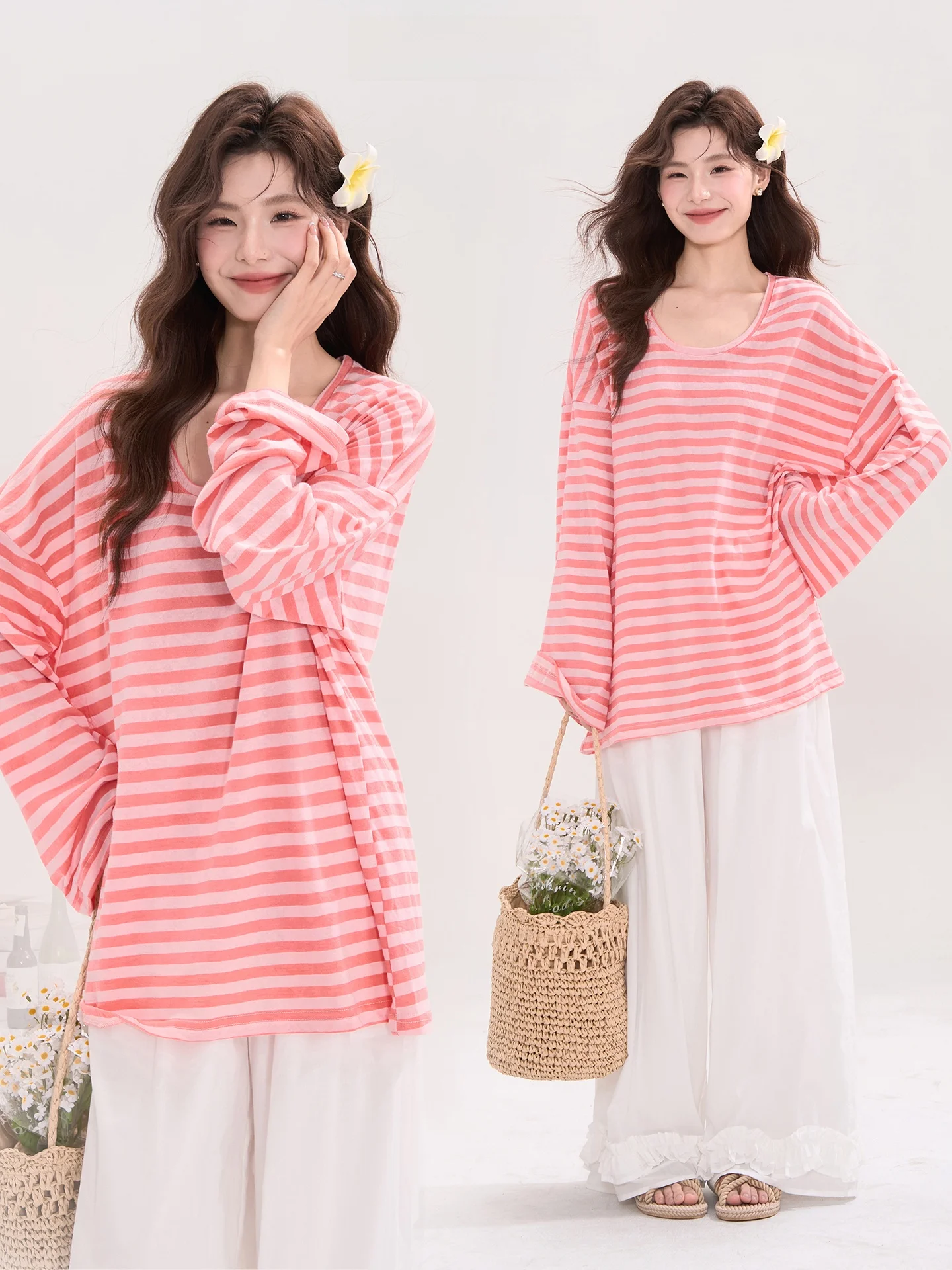 

Легкая полосатая футболка Heme Watermelon с круглым вырезом для женщин, свободного кроя, с длинными рукавами, для защиты от солнца, топ-накидка