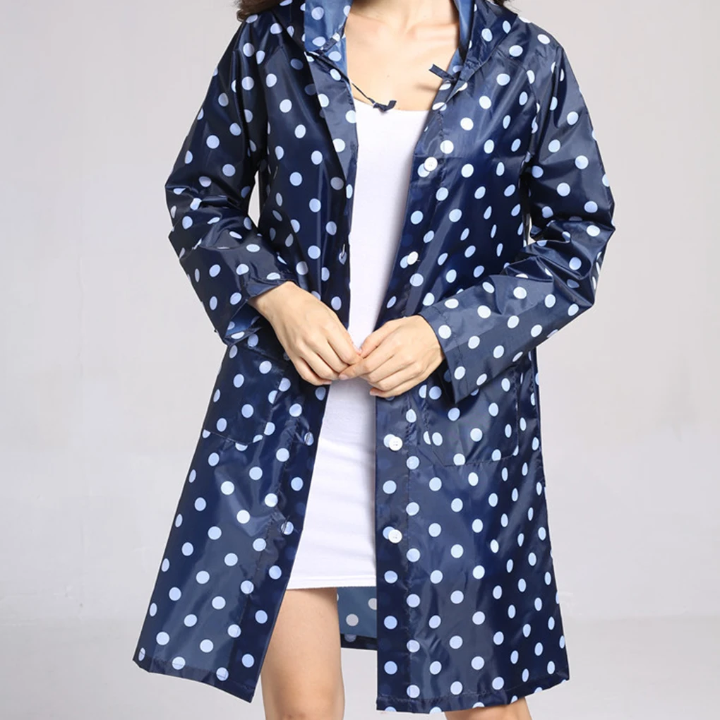 Woman Girl Reusable Portable Fashion Polka Dots Hooded Long Raincoat Poncho with Front Pockets