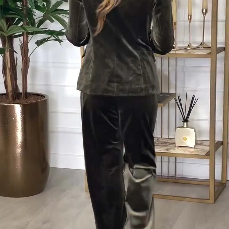 

Осень-зима бархатные женские наряды с длинными рукавами повседневные однотонные прямые брюки костюм офисный женский двубортный пиджак комплект