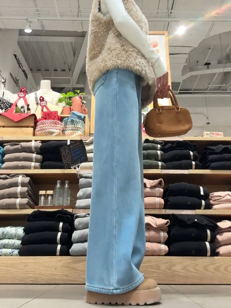 Pantaloni in denim Thi foderati Fce taglie forti Donna Inverno Pera ape Pantaloni larghi a vita alta slim a gamba dritta
