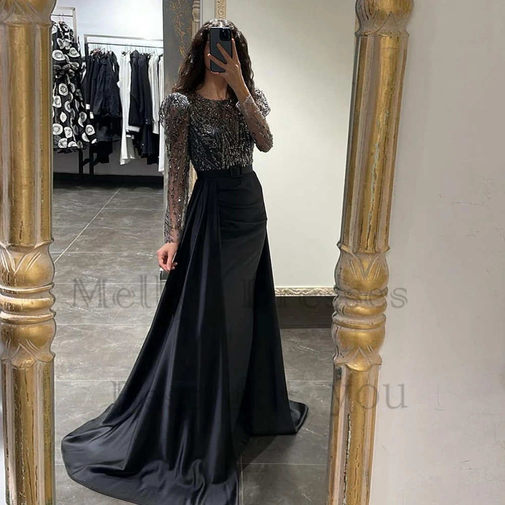 

Exquisite Scoop Muslin Evening Dresses for Women 2024 Summer New Satin Sequined Full Sleeve Bridal Gowns Robe De Soirée Summer