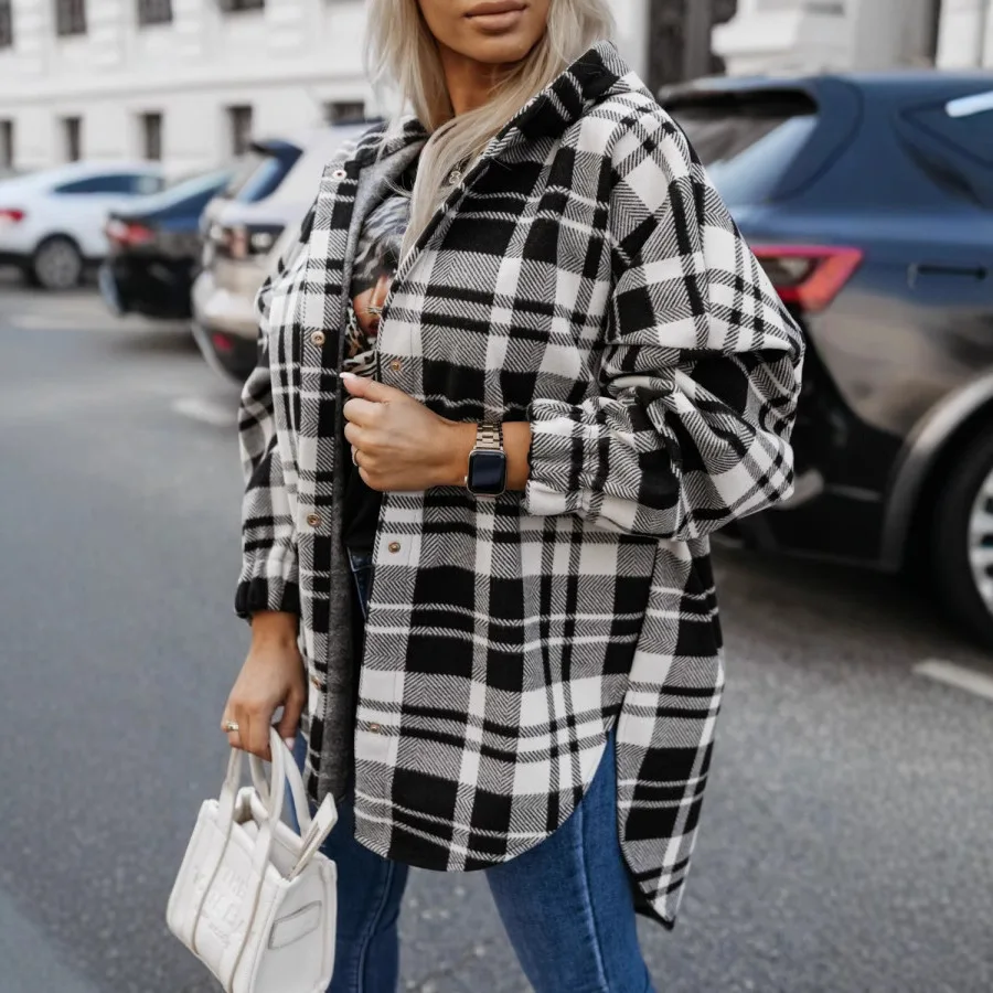 Women Hooded Plaid Shacket Outerwear, Button‑Front Long‑Sleeve Side‑Slit Oversized Loose‑Fit Street‑Style Casual Jacket Coat