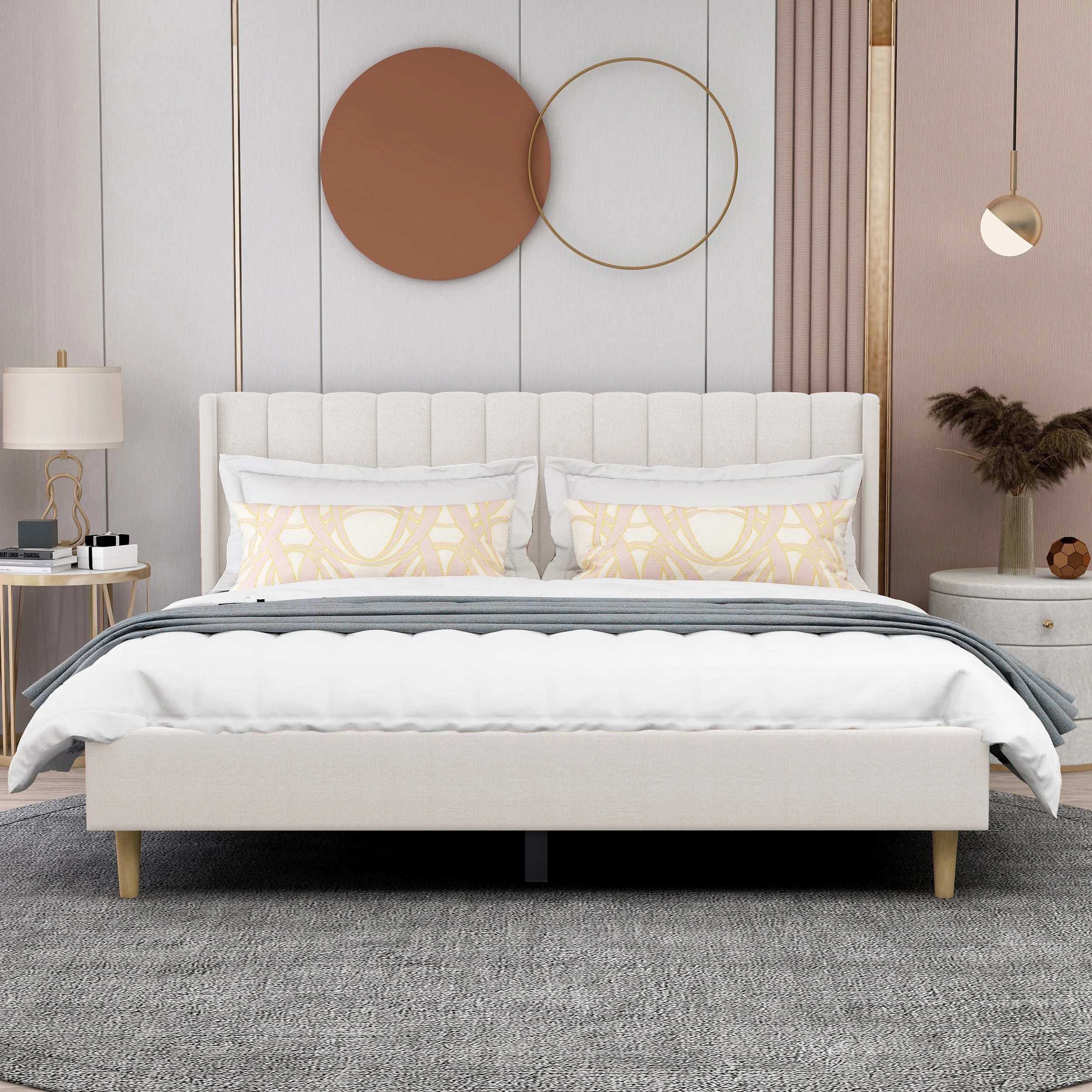 Upholstered Platform Bed Frame With Headboard, Mattress Base, Sturdy Wooden Support, No Need for Box Springs, Easy to Assemble